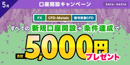 新規口座開設と条件達成で合計5,000円プレゼント!5月の口座開設キャンペーン