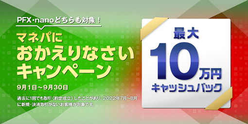 FX取引の再開するなら9月からがお得!最大10万円キャッシュバックのマネパへおかえりなさいキャンペーンのご案内