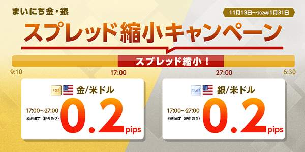 まいにち金・銀も!ゴールデンマネパタイム(17時~27時)は業界最狭水準スプレッドでご提供