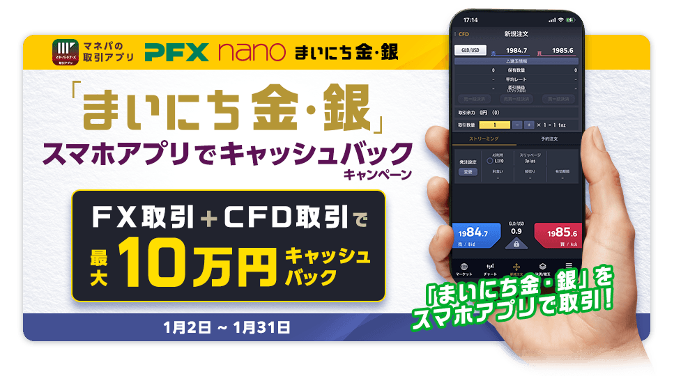「まいにち金・銀」追加記念!スマホアプリでキャッシュバックキャンペーン(2024年1月)