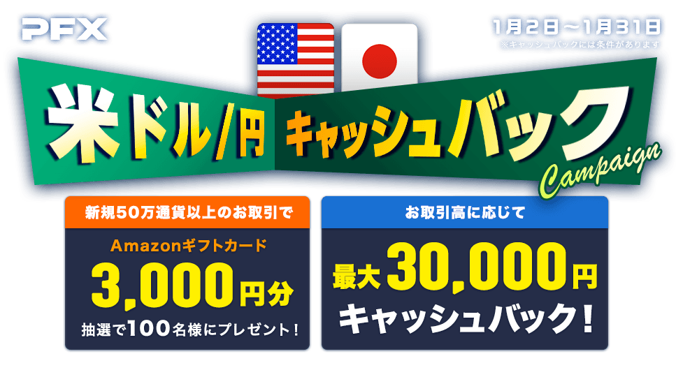 PFX米ドル/円キャッシュバックキャンペーン(2024年1月)